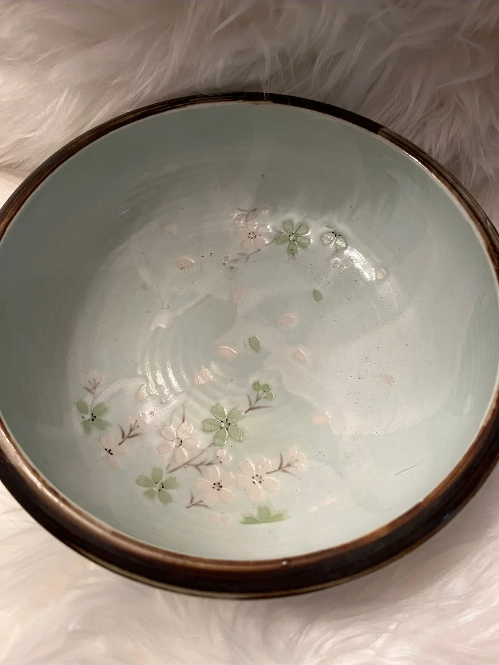 Ceramic Serving Bowl with Brown Rim and Pale Green. Interior